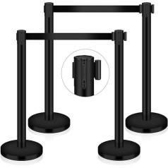 Glarks 4 Piece Bulk Control Pole Set, Black Crowd Control Barrier with 2M Black Retractable Belt and Plastic Base, Easy Assembly