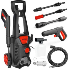 LEHMANN Jukon Pressure Washer, 1600 W, 480 l/h Flow Rate with 5 m High Pressure Hose, Gun, Lances and a Foam Lance, Surface Cleaner with 130 Bar Pressure for Home, Garden and Car
