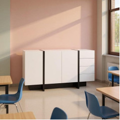 HOMYLIN Moderner Schulschrank mit Türen und Schubladen, 150 cm breit, Aufbewahrungseinheit für Klassenzimmer, Weiß