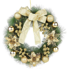 Gukasxi 40 cm Christmas Wreath for Front Door, Artificial Christmas Hanging Wreath Garland with Gold Xmas Ball Berries and Bow, Merry Christmas Wreath Xmas Indoor Outdoor Home Decorative Wreath
