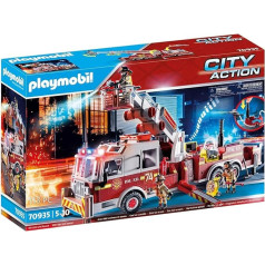 PLAYMOBIL City Action 70935 Fire Brigade Vehicle: US Tower Ladder with Extendable, Functional Water Pump with Hose and Pump Piston, Flashing Light and Original Siren Sound, from 5 Years