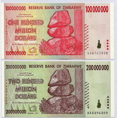 Zimbabwe 100, 200 Million Dollar, currency 2008 banknotes bills World inflation record