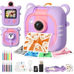 Instant Camera Children, 7 Printing Paper (4 x Colour: Orange/Red/Green/Blue + 3 x SW), 2.4 Inch Children's Camera with 1080P & 180° Folding Lens & 32 GB, Christmas Birthday Gift for Boys and