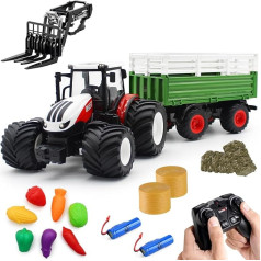 fisca Remote Controlled Tractor Toy RC Farm Tractor Set with Trailer Front Forklift 1/24 Scale 2.4 GHz Electronic Tractor Farm Truck Vehicle Toy with Light for Children Aged