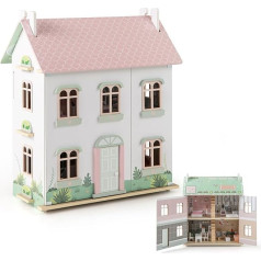 COSTWAY Wooden Doll's House 3 Levels with Double-Sided Roofs and Opening Doors, DIY Dream House Doll Villa with Furniture and Accessories, for Children from 3 Years