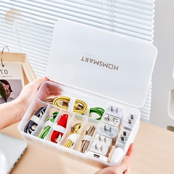 Cable Tidy Box with Lid, 7 Grid Cable Organiser Box, Cable Management Box, Extra Large Storage Box for Charging Plugs, Desktop Small Items, Free 10 Sorting Stickers and 10 Cable Ties