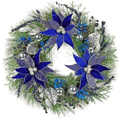 Adventskranz Künstlich 60 cm Weihnachtskranz Haustür Weihnachtsstern Weihnachtstürkranz Blau Tannenkranz Künstlich Hängend Weihnachtsdeko Adventsdeko Erntedankfest Deko Tisch Fensterbank Wand