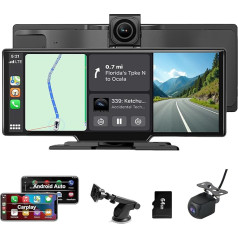 Wireless Carplay Display 10.26 Inches, Touchscreen Carplay Android Car Display with 4K Dashcam & 1080P Reversing Camera, Portable Car Radio for Apple Carplay Display, with 64G TF, Bluetooth, FM