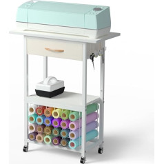 Organizer and Storage Compatible with Cricut Machines, Rolling Cart with Drawer, Craft Table with Vinyl Roll Holders, Craft Table Organization Workstation with Wheels, White