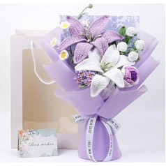 Crochet Flower Bouquet - Handmade Knitted Crochet Flower Bouquet with Roses & Lily - Artificial Crochet Flower for Mother's Day Birthday Wedding Home Decoration - Gift Bag & Greeting Cards Included