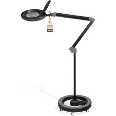 Lumeno Dimmable LED Magnifying Lamp 8513SW with Large 152 mm Real Glass Lens, Adjustable Brightness Levels, Suitable as a Work Light, Magnifying Lamp, Reading Aid, 3 Dioptres with Rolling Tripod Black