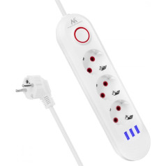 Barošanas bloks mce394 w 3 rozetes 3xusb, 110-240v maiņstrāva 50/60, 2.1a max 2500w, balts