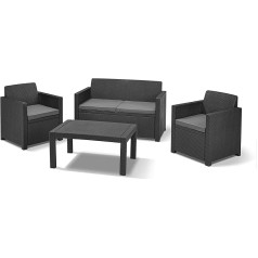 “Allibert by Keter” Modena garden furniture set made of plastic, incl. cushions, grey, 4-piece, 2 seat cushions, sofa & table, for garden, balcony & patio, flat rattan look.