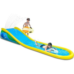 Inflatable Water Slide with Sprinkler for Kids, 4.5 m Water Slide with 2 Inflatable Surfers and Integrated Sprayer for Children Aged 6 and Above, Summer Sprinkler and Splash Water Toy