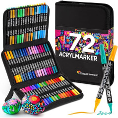 Zenacolor 72 Acrylic Pens for Stones Waterproof with Double Tip (Fine Tip and Brush) for Drawing Various Surfaces - Acrylic Paint Marker with a Bag