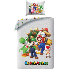 Super Mario Bed Linen 135 x 200 cm + 80 x 80 cm · With Mario, Luigi, Toad, Peach, Wario & Yoshi · Children's Bed Linen Set 2-Piece Duvet Cover + Pillowcase · German Size · Microfibre