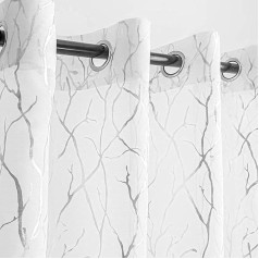 Kotile Tree Window Curtains for Bedroom Metallic Silver Foil Branch White Sheer Curtains 63 Inch Length Grommet Curtain 2 Panels for Nursery 52 x 63 Inch 1 Pair Silver and White