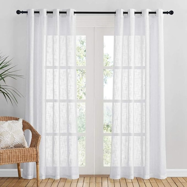 PONY DANCE Set of 2 Linen-Look Curtains, Modern, Semi-Transparent Linen Curtains with Eyelets, for the Living Room, Bedroom, H 220 x W 140 cm, White