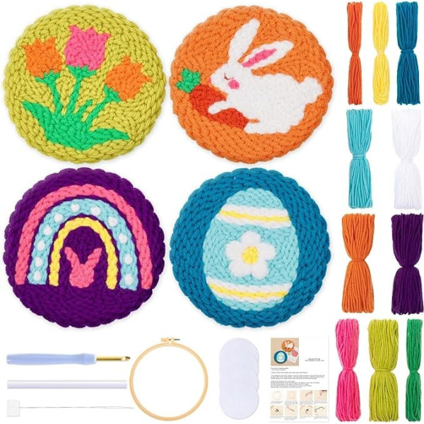 JSRQT 4 Piece Easter Punch Needle Coaster Set Beginners, Punch Needle Embroidery Set with Flower Rabbit Egg Pattern, DIY Craft Cross Stitch Set, Adult Punch Needle Coaster Kit with Punch Needle Tool