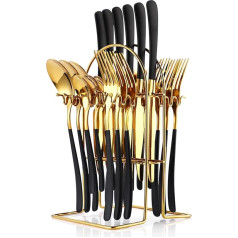 24-Piece Silver Tableware Sets, Stainless Steel Flatware Sets with Silver Tableware Holder, Spoon, Forks, Knife Set, Tableware Set Service for 6, Cutlery Set for Kitchen (Black Gold)