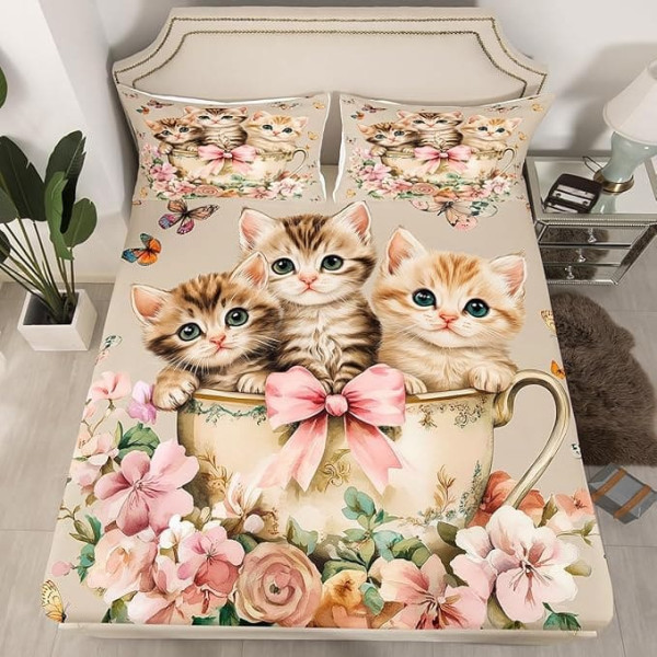 Lovely Cat Bed Sheet Set Cute Kitten Pet Animal European Pink Bowknot Cup Sheet Sets Deep Pocket (No Flat Sheet), Vintage Garden Flowers Butterfly Mattress Cover, Single with 1 Pillowcase