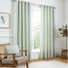Curtina - Sage Green Flowers & Bird Woven Curtains W66 x L90 (168 x 229 cm) - Vintage Green Floral Eyelet Curtains - Traditional Curtains & Drapes for Living Room & Bedroom - Jacquard