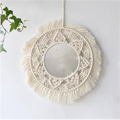 Yurosiay Round Macrame Wall Mirror Hand Woven Cotton Rope Macrame Mirror Boho Hanging Wall Mirror Vintage Round Wall Hanging Macrame Boho Wall Decoration for Living Room Bedroom 50 x 16 cm Beige 1#