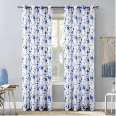 always4u Classic Floral Semi-Transparent Curtains in Country House Style, Light Filtering Curtains in Linen Look for Bedroom, Living Room, Kitchen, Ultramarine Blue, 140 x 245 cm, Pack of 2