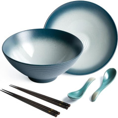 2-Piece Ramen Bowl Set, Ceramic Japanese Ramen Bowl with Chopsticks and Spoon, Asian Style Porcelain Tableware, Salad Bowl, Instant Soup Bowl, 1200 ml, Blue