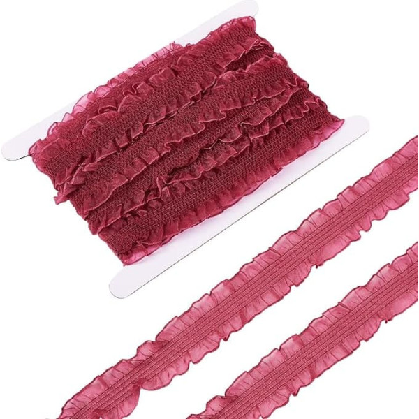 PandaHall Rüschen-Spitzenbesatz, plissiertes Stoffband, gerafft, Chiffon, elastischer Besatz zum Nähen, Basteln, Hochzeitsdekoration, Schleifenherstellung, mittelgroß, Violett-Rot