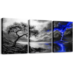 Loussiesd Nature Tree of Life Poster Set of 3 for Living Room Canvas Pictures for Bathroom Dark Blue Paintings Modern Framed Canvas Art Prints Ready to Hang Nature Landscape Pictures