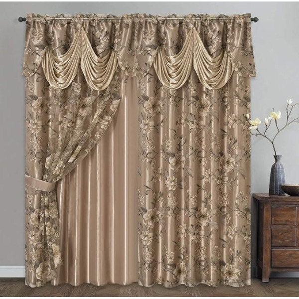 GOHD Roman Romance Burnt-Out Printed Organza Window Curtain with Attached Valance and Taffeta Backing, Sand, 55