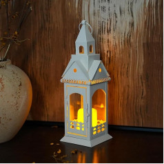 TRIROCKS Metal Candle Lantern in Rustic Style, 33 cm High, Decorative for Outdoor Lantern with Tempered Glass for Home, Living Room, Garden, Patio, Indoor and Outdoor Parties (White)