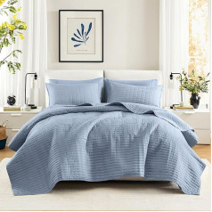 Comfort Spaces Kienna Set - Luxury Double Sided Sewing Design All Season Duvet, Lightweight, Bedspread, Bedding, Matching Pillowcases, Microfibre, Blue, Quilt Full/Queen (90 x 90 inches), 3