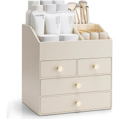 Vlando Makeup Organizer Large Capacity Dressing Table Organizer Cosmetic Organizer with 4 Drawers Faux Leather Cosmetic Organizer for Lipstick Jewelry and Skin Care Beige