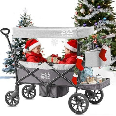 Handcart for 2 Children, Foldable Toddler Pram with Roof and Removable Tray, Door with Zip, 5-Point Harness, Adjustable Handcart with Seat (Grey)