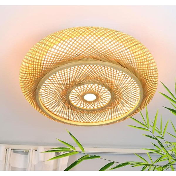 Ceiling Light Bamboo LED Wooden Lamp with Remote Control Dimmable Hand-Woven Natural 50 W Retro Rattan Round for Bedroom Living Room Hallway 50 cm