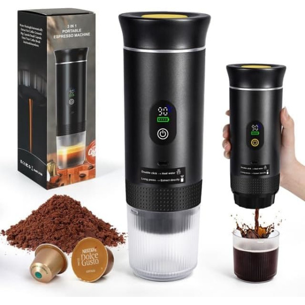 SOPPY Espresso Machine Capsule Machine Camping Coffee Machine Self-Heating Mini Coffee Machine Portable Self-Heating Espresso Machine for Ground Coffee & Coffee Capsules, Black