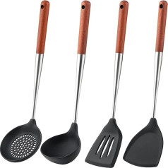 FJNATINH Silicone Spatula Set, Heat Resistant Spatulas Cooking Spoon Silicone, Slotted Spoon and Slotted Spatula for Nonstick, Stainless Steel and Wooden Handle in One! 4 Pieces