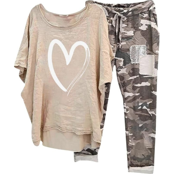 Briskorry Women's Elegant Trouser Suit, T-Shirt, Wide Trousers, Trousers Suit, Loose, Casual Loungewear, Round Neck, Short Sleeve Tracksuit Set, Airy Lightweight Women's Outfits, Print, Sexy 2024