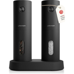 LARS NYSØM Electric Salt and Pepper Mill, Set of 2, with Adjustable Ceramic Grinder from Coarse to Fine, Design Spice Mill Set, Automatic (2 Pieces, Onyx Black)