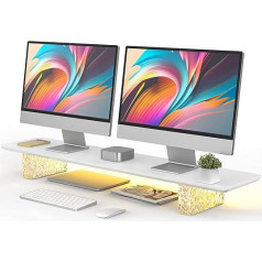 Fenge Dual Monitor Stand Wood + Crystal Brick Monitor Stand Riser with LED Strips, 108 cm Large Computer Stand for PC/Laptop/Fax/Printer/TV, White