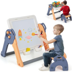 Fantask 6-in-1 Children's Table with Folding Chair with Building Blocks and Storage Space, Play Table + Easel with Double-Sided & Removable Table Top for Children from 3 Years, 71.5 x 65 x 57 cm
