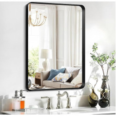 Wolibeer Wall Mirror 55 x 75 cm Rectangular Wall Mirror Deep Frame Black Aluminium with Rounded Corners for Bathroom Bedroom Entrance Hallway Vanity Home Decoration