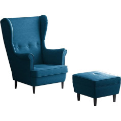 Dutis Ohrensessel Leo Lounge Chair, Modern Retro Fabric Chair with Wooden Legs, Armchair with Armrests and Ears, Padded Chair for Dining Room, Living Room and Office (Blue, with Stool)