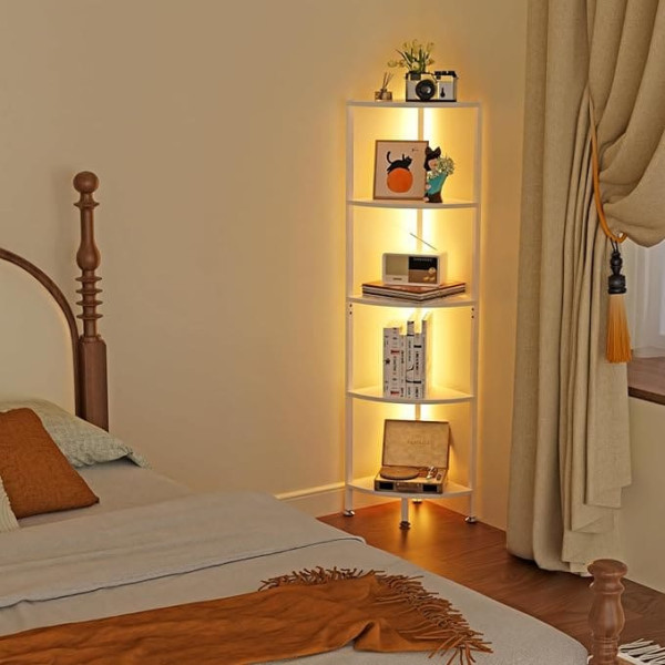 Haodaculture Bookcase, Corner Shelf, Standing with 5 Shelves, Corner Shelf, White with LED Lighting, 140 cm Corner Bookcase, Small Bookcase, Ladder Shelf, Storage Shelf, for Bedroom, Office