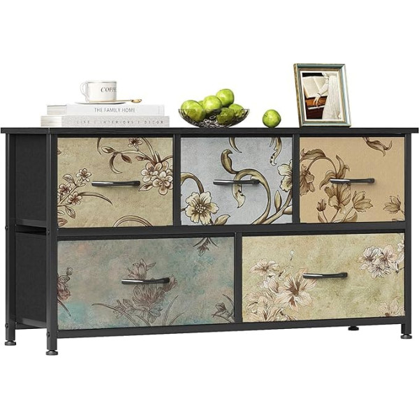 Flrrtenv Kommode mit 5 Schubladen, Schlafzimmer-Kommode, TV-Ständer, Stoffschubladen, Kommoden passend für Schlafzimmer, Wohnzimmer, Schrank, schwarze Holzplatte