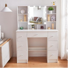 Aovquof Dressing Table with LED Lighting, Adjustable Brightness, Cosmetic Table with Large Mirror, Dressing Table with 7 Drawers, 140 x 100 x 40 cm, Bedroom Dresser, White