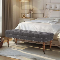 Belleze Upholstered Ottoman Bench, Movable Tufted Ottoman Bench with Castors, Tufted Ottoman for Living Room, Entryway or Bedroom, 47 Inches, Brooke (Dark Grey)
