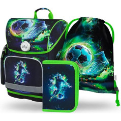 Baagl School Bag Boys Set of 3 Ergo School Bag for 1st Grade, Ergonomic Primary School Satchel with Chest Strap, soccer player, School bag set